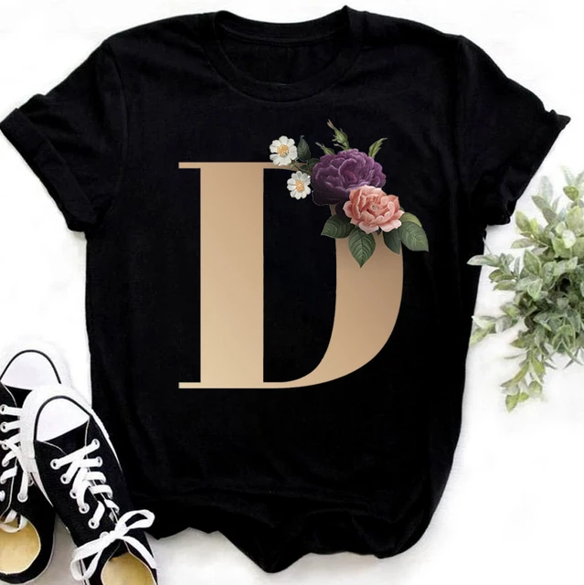 Custom Name Letter Combination Fashion Women T-shirt Flower Letter Font A B C D E F G Short Sleeve T