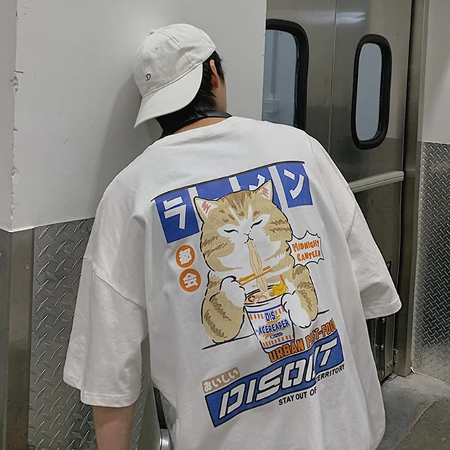 Privathinker Cat Cartoon Graphic Men Tshirt Casual Baggy Short Sleeve T-shirt Japanese Style Oversiz