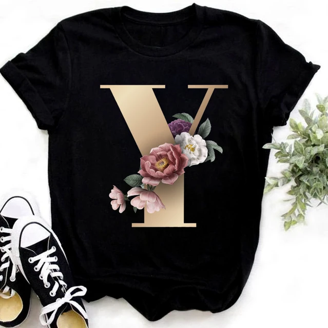 Custom Name Letter Combination Fashion Women T-shirt Flower Letter Font A B C D E F G Short Sleeve T